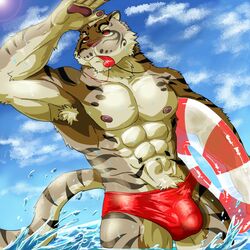 1boy abs anthro areola armpit_hair barazoku biceps bulge clothing feline fur lifeguard male male_only mammal manly muscular navel nipples outside pawpads paws pecs red_eyes solo speedo standing sun swimsuit thick_thighs tiger triceps water weedwolf wet whistle