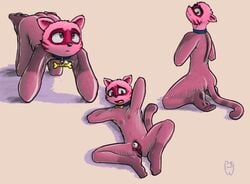 anthro balls chastity chastity_cage clothed clothing collar fur humanoid_penis kneeling male male_petplay markings name_tag nipples open_mouth penis peskybatfish pink_fur roleplay rubber simple_background solo striped_tail stripes zipper