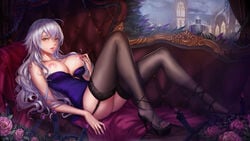 absurdres ahoge black_legwear blue_dress breasts breasts_out brown_eyes cleavage commentary_request dress earrings fate/grand_order fate_(series) female fingernails flower full_body garter_straps hand_on_own_chest high_heels highres indoors jeanne_alter jeanne_d'arc_(fate) jewelry large_breasts long_fingernails long_hair looking_at_viewer lying nail_polish nipples on_back parted_lips silver_hair solo strap_slip thighhighs tsuki_no_i-min underwear