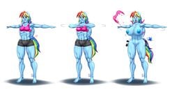 abs anthro anthrofied areola big_breasts big_nipples blue_fur blue_nipples breast_expansion breasts butt_expansion clothed clothing cutie_mark equine erect_nipples exercise expansion feathered_wings feathers female flower friendship_is_magic fur hair horse humanoid mammal midriff multicolored_hair muscular muscular_female my_little_pony navel nipples nude open_mouth pia-sama pink_eyes plant poison_joke pussy rainbow_dash_(mlp) rainbow_hair shirt shocked shorts simple_background skimpy small_breasts smile solo straight_hair tank_top thick_thighs tight_clothing tongue torn_clothing wardrobe_malfunction white_background wide_hips wings