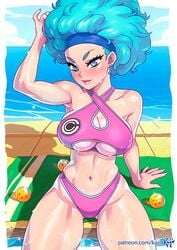 1girls afro artist_name big_breasts bikini blue_eyes blue_hair blush blushing bulma_(afro) bulma_briefs busty capsule_corporation_logo cleavage clothed clothed_female clothes clothing color colored dragon_ball dragon_ball_(object) dragon_ball_z earrings english english_text female female_focus female_only female_solo hairband halter_top headband human human_only kajinman light-skinned_female light_skin long_hair looking_at_viewer pink_swimsuit shadow sitting solo solo_female solo_focus swimsuit text thick_thighs towel uncensored underboob_cutout