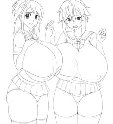 2girls alternate_breast_size asada_shino bananarama_(artist) barely_contained big_breasts crossover fairy_tail female female_only gigantic_breasts grabbing_hand hand_grab huge_breasts looking_at_viewer lucy_heartfilia nipple_bulge school_uniform sinon sword_art_online tagme thick_thighs wide_hips