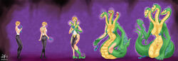 2017 3_heads abstract_background anthro ass big_breasts blonde_hair breasts claws clothed clothing female green_eyes growth hair human human_to_anthro hydra mammal multi_head nipples nude open_mouth pants pussy scalie sequence shirt short_hair smile solo standing surprise torn_clothing transformation witchfiend