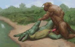 alligator anal animal_genitalia animal_penis anthro balls barazoku beach bovine bovine_penis cattle crocodile crocodilian crocodilian_penis cum furry genital_slit horn male mammal muscular orcfun outside penis penis_tip pinned precum reptile scalie seaside sheath slit tight_fit water yaoi