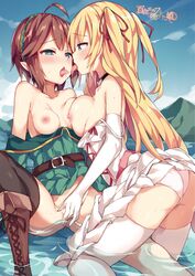 2girls ahoge araoshi_yuu blonde_hair blue_eyes blush boots breast_press brown_hair elf female_only fingering hair_ribbon multiple_girls no_panties novel_illustration saliva_trail strap_slip thighhighs tongue_out twintails unacchi_(nyusankin) undressing upskirt water yuri yuri_elf_to_norowareta_hime