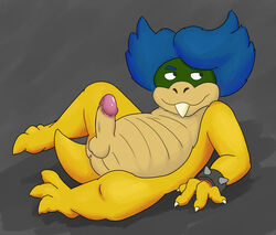 1boy anthro anus balls blue_hair erection grey_background hair humanoid_penis karras koopa koopaling looking_to_the_side ludwig_von_koopa lying male male_only mario_(series) nintendo nude on_back penis scalie simple_background solo testicles video_games