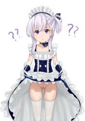 ? azur_lane belchan_(azur_lane) belfast_(azur_lane) blue_eyes bow djloops dress dress_lift eyebrows_visible_through_hair female lifted_by_self maid no_panties pussy simple_background solo standing thighhighs uncensored white_background white_hair white_legwear