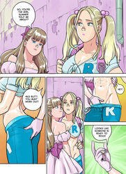 2girls abs ass ass_grab bimbo blonde_hair blue_legwear breasts comic crop_top dat_ass dirty_talk english_text female fingering hand_in_pants hand_on_ass july_(tekuho) leggings lipstick lisa_(tekuho) multiple_girls original revealing_clothes skimpy skimpy_clothes skin_tight sticky tekuho tied_hair twintails underboob yuri