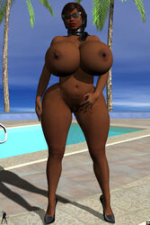 1girls 3d bare_shoulders big_breasts breasts brown_hair busty cleavage curvy dark-skinned_female dark_skin day detailed_background erect_nipple erect_nipples eyelashes female female_only front_view glasses hairy_pussy high_heels hourglass_figure human lipstick looking_at_viewer makeup naked naked_footwear naked_heels nude outdoor outside pool pose posing pubes pubic_hair red_lipstick shadow sharman shiny shiny_skin short_hair solo standing sunglasses tree voluptuous water wide_hips xskullheadx