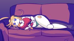 casual cave_story couch curly_brace female game_controller green_panties grey_skin gynoid humanoid machine no_pants panties robot robot_girl robot_joints sofa solo zedrin