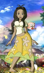 1girls ambiguous_gender barefoot beak big_breasts blue_background breasts brown_eyes claws clothed clouds cosmog cutiefly dark-skinned_female dark_skin eyelashes fairy feet female floating flying grass human human_only insect long_hair looking_at_viewer midriff milf mother mother_(pokemon_sm) nintendo no_panties open_mouth outdoors owl pokemon pokemon_(species) pokemon_sm pussy rainbow rowlet see-through shirt skirt sky smile solo_focus standing sunglasses toes tongue wings