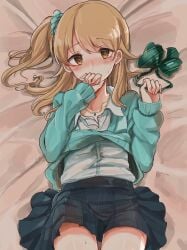 1girls absurdres aqua_sweater bed_sheet black_skirt blush bow bowtie brown_hair collarbone covered_mouth gyaru hair_spread_out highres idolmaster idolmaster_cinderella_girls kogal long_hair looking_at_viewer lying morikubo_nono on_back one_side_up open_collar plaid_clothes plaid_skirt sak_(lemondisk) shirt shirt_tucked_in skirt solo sweat sweater thighs unworn_bowtie white_shirt
