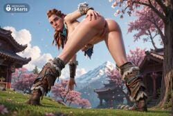 1girls ai_generated aloy anus artist_name ass bent_over blue_sky boots breasts brown_hair cherry_blossoms day east_asian_architecture female from_behind fur_trim grabbing_own_ass grass green_eyes hand_on_own_ass hi_res horizon_forbidden_west horizon_zero_dawn jewelry lips long_hair looking_at_viewer looking_back medium_breasts navel nipples nose nude outdoors petals presenting pussy r34arts red_hair sky solo sony_interactive_entertainment spread_ass standing tree uncensored