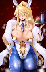 1girls 2019 absurdres ahoge animal_ears armpit_hair artoria_pendragon artoria_pendragon_(lancer) artoria_pendragon_(swimsuit_ruler) bangs bare_shoulders belly blonde_hair blue_legwear blue_neckwear blush braid breasts bunny_ears bunnysuit cleavage condom condom_box dated detached_collar eye_contact fate/grand_order fate_(series) female female_pubic_hair fishnet_pantyhose fishnets french_braid green_eyes hair_between_eyes hairy half-closed_eyes heart heavy_breathing hero_neisan highleg highleg_leotard highres holding huge_breasts large_breasts leotard long_hair looking_at_viewer midriff navel navel_cutout necktie pantyhose ponytail pubic_hair red_background sex_toy sidelocks smile solo source_request thick_thighs thigh_strap thighs tray wide_hips wrist_cuffs