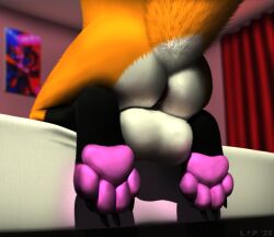 4_toes anthro anus ass balls bed bedroom big_balls big_butt black_claws blurred_background butt_focus butt_shot canid canine claws curtains detailed_background digital_media_(artwork) feet foot_focus fox fur furniture genitals hi_res hindpaw huge_balls levi_(character) levi_the_fox_(artist) low-angle_view male male/male mammal mattress on_bed pawpads paws pink_pawpads presenting raised_tail rear_view solo tail toes