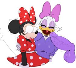 2018 alternate_body_type avian balls beak bird breasts bulging_eyes closed_eyes clothed clothing daisy_duck disembodied_penis disney duck english_text female humanoid_penis male mammal minnie_mouse mouse open_mouth penis rodent simple_background soft_feathers speech_bubble sssonic2 text tongue white_background