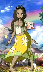 1girls ambiguous_gender areolae barefoot beak big_breasts blue_background breasts breasts_out brown_eyes claws clothed clouds cosmog cutiefly dark-skinned_female dark_skin eyelashes fairy feet female floating flying grass human human_only insect long_hair looking_at_viewer midriff milf mother mother_(pokemon_sm) nintendo nipples open_mouth outdoors owl pokemon pokemon_(species) pokemon_sm rainbow rowlet shirt skirt sky smile solo_focus standing sunglasses toes tongue wings