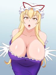 1girls big_breasts blonde_hair breasts cleavage clothed_female gradient_background hat lactone1121 light-skinned_female long_hair mature_female nipple_bulge open_mouth purple_dress solo solo_female touhou yellow_eyes yukari_yakumo