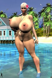 1girls 3d bare_shoulders barefoot beach big_breasts blue_eyes breast_hold busty cindy_(xskullheadx) cleavage curvy dark-skinned_female dark_skin day detailed_background ear_piercing earrings erect_nipple erect_nipples eyelashes female female_only flower front_view hair_flower hair_ornament hairy_pussy hoop_earrings hourglass_figure house human lipstick long_hair looking_at_viewer makeup nail_polish naked necklace nude outdoor outside partially_submerged pose posing pubes pubic_hair red_lipstick sand shadow shiny shiny_skin solo standing tree voluptuous water white_hair wide_hips xskullheadx