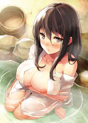 black_hair blush breast_hold breasts bucket collarbone female from_above hair_between_eyes highres kekemotsu large_breasts long_hair looking_at_viewer nipples off_shoulder original partially_submerged see-through shiny shiny_hair sitting solo wariza wet wet_hair