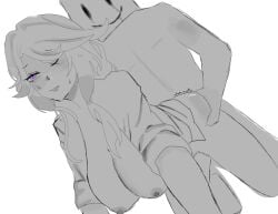 1boy 1girls akiko(onb) ambiguous_penetration bent_over black_and_white breasts closed_mouth doggy_style female hand_on_ass jaki kimono male monochrome nipples onb purple_eyes sex shirt straight sweat sweatdrop twintails unseen_male_face white_background