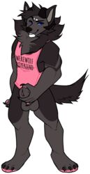 2018 animal_genitalia anthro balls black_fur blue_eyes bottomless canine clothed clothing cruddi dex digital_media_(artwork) digitigrade english_text flat_colors fully_sheathed fur grey_fur grin hair horn looking_at_viewer male male_only mammal neck_tuft portrait sheath shirt smile solo standing tank_top text tuft wolf