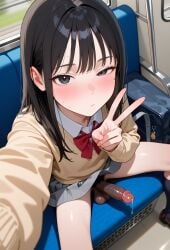 1futa 1girls ai_generated balls beige_sweater big_penis black_eyes black_hair dark_balls dark_penis devaster dickgirl exhibitionism female from_above futa_only futanari grey_skirt grin half-closed_eye highres indoors intersex long_hair looking_at_viewer peace_sign penis precum pubic_hair public_indecency public_nudity reaching_out red_bowtie saggy_balls school_bag school_uniform selfie selfie_pose sitting sweater train train_interior uncensored veiny_penis
