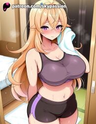 1girls 2025 ahoge ai_assisted ai_generated anime artist_name bed big_breasts big_breasts big_breasts big_chest bike_shorts black_shorts blonde_hair blush breast breasts breasts breasts bust busty chest cleavage clothed_female collarbone female_focus female_only hair_between_eyes heavy_breathing hi_res high_quality high_resolution highres indoors large_breasts long_hair looking_at_viewer nakiri_erina navel patreon patreon_username purple_eyes shokugeki_no_souma shorts skypassion smile solo sports_bra sports_shorts sports_uniform sportswear stable_diffusion steaming_body sweat thighs towel watermark