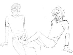 2boys black_and_white blush cho_sang-woo drooling erection feet feet_on_penis foot_fetish footjob geminireplica glasses glasses_on_face hairy_legs half-dressed happy_trail incel legs_up long_hair male male/male male_only naked_from_the_waist_down nerd nervous nervous_smile nervous_sweat no_pants no_shoes pubic_hair seong_gi-hun shirt short_hair sitting sketch smiling_at_partner squid_game sweatdrop unfinished yaoi