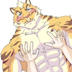 abs animated anthro barazoku biceps blue_eyes blush close-up feline fur hand_on_chest human lin_hu looking_at_viewer male male_only mammal manly muscular nekojishi nude open_mouth pec_squeeze pecs solo_focus tiger triceps video_games weedwolf