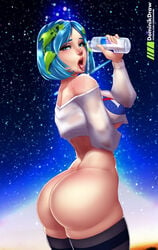 1girls ass big_ass blue_eyes bottomless dat_ass drooling earth-chan female female_only lord_dominik original solo space thighhighs wet wet_clothes