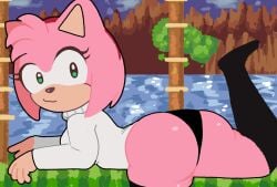 amy_rose ass ass_focus black_legwear black_panties ear green_eyes hairband laying_down pink_fur quills salchipapaasada smirk sonic_(series) sonic_the_hedgehog_(series) white_shirt