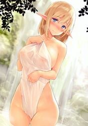 absurdres bangs bare_arms bare_shoulders blonde_hair blue_eyes blush breasts closed_mouth collarbone covered_navel covered_nipples cowboy_shot cropped day elf embarrassed eyebrows_visible_through_hair female groin hair_between_eyes hand_up highres holding kekemotsu large_breasts looking_at_viewer medium_hair naked_towel original outdoors pointy_ears rock scan see-through sidelocks solo standing toranoana towel wading water waterfall wet wet_towel white_towel