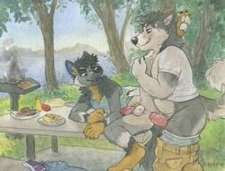 2boys anal anal_sex anthro anthro_on_anthro balls blue_eyes blue_tongue blush bottomless brown_fur canine clothed clothing cooking erection food fur gay grey_fur grey_tail grin hot_dog humanoid_penis husky male male_only mammal multicolored_fur outside pants_down partially_clothed pawpads penetration penis picnic pink_penis pubes public shallow_penetration sicklyhypnos slightly_chubby smile traditional_media_(artwork) two_tone_fur white_balls white_pawpads yaoi