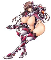 armor boots bouncing_breasts breasts brown_eyes brown_hair curvy female full_body gun huge_breasts leotard lilith-soft long_hair looking_at_viewer nipples partially_visible_vulva shiny shiny_skin simple_background solo taimanin_asagi_battle_arena tana_(garyuh-chitai) thalia_henderson thong_leotard weapon white_background