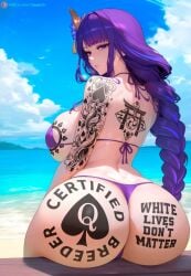 big_ass big_breasts bikini blacked genshin_impact long_hair purple_hair qos qos_tattoo raiden_shogun tattoo tattoo_on_ass tattoo_on_breast thick_thighs
