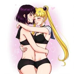 2girls ai_generated bishoujo_senshi_sailor_moon blush closed_eyes female hotaru_tomoe hugging navel sailor_moon sailor_saturn usagi_tsukino