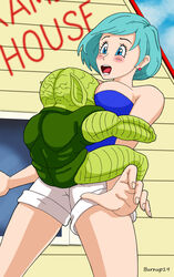 1boy 1girls alien aqua_hair artist_name bald bare_arms bare_legs bare_shoulders blue_eyes blue_tubetop blush breast_press breast_smother breasts bulma_briefs bulma_briefs_(beginnings_of_dragon_ball_z) burnup19 dragon_ball dragon_ball_z earrings female green_skin helpless human interspecies jewelry kame_house large_breasts legs looking_at_another male monster nervous open_mouth outdoors pointy_ears restrained round_teeth saibaiman scared short_shorts shorts standing strapless teeth tubetop white_shorts