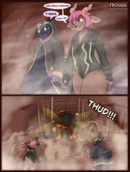 absurd_res anthro arachnid arthropod bee black_body cave_background clothing crown deer froogg genitals hair headgear hi_res hymenopteran insects looking_at_another male mammal musk musk_clouds pink_hair robe spider surprised text thud walking
