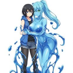 2girls ai_generated black_boots black_hair black_legwear black_shirt blue_eyes blue_hair blue_hoodie breasts cleavage female green_eyes hair human_female large_breasts long medium_breasts nude ponytail short_hair sleeveless_shirt slime slime_girl