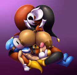 bandit_(mario) big_breasts blush breast_sucking breasts clothed clothing dark-skinned_female dark_skin duo exposed_breasts female gloves hair handjob humanoid jester lady_phanto larger_female legwear male mario_(series) mask metachoke nintendo nipple_suck nipples nursing_handjob penis phanto sex shy_guy simple_background size_difference smaller_male smile straight sucking super_mario_bros._2 thigh_highs video_games white_hair