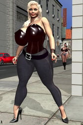 3d 3girls back_view bare_shoulders belt big_breasts black_hair blonde_hair blue_eyes boots bracelet busty car cleavage curvy denim denim_shorts detailed_background dress erect_nipples erection eyelashes female female_only front_view high_heel_boots high_heels holding_object hourglass_figure human jeans lipstick long_hair makeup multiple_females multiple_girls nail_polish nipple_bulge original_character outdoor outside pants ponytail pose posing red_lipstick sally_(xskullheadx) shadow shiny shiny_skin short short_shorts spread_legs spreading standing voluptuous walking wide_hips xskullheadx yellow_hair