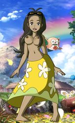 1girls ambiguous_gender areolae bare_shoulders barefoot beak belly big_breasts blue_background breasts brown_eyes claws clothed clouds cosmog cutiefly dark-skinned_female dark_skin eyelashes fairy feet female floating flying grass human human_only insect long_hair looking_at_viewer milf mother mother_(pokemon_sm) navel nintendo nipples open_mouth outdoors owl pokemon pokemon_(species) pokemon_sm rainbow rowlet skirt sky smile solo_focus standing sunglasses toes tongue topless wings