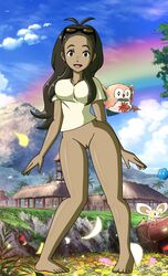 1girls ambiguous_gender barefoot beak big_breasts blue_background bottomless breasts brown_eyes claws clothed clouds cosmog cutiefly dark-skinned_female dark_skin eyelashes fairy feet female floating flying grass human human_only insect long_hair looking_at_viewer milf mother mother_(pokemon_sm) nintendo no_panties open_mouth outdoors owl pokemon pokemon_(species) pokemon_sm pussy rainbow rowlet shirt sky smile solo_focus standing sunglasses toes tongue wings