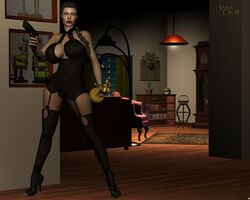 1girls 3d angelina_jolie bare_shoulders big_breasts black_footwear black_legwear black_stockings braid brown_eyes brown_hair busty chair cleavage corset curvy detailed_background female female_only footwear front_view garter garter_straps high_heels holding_object hourglass_figure human indoors inside lara_croft lara_croft_(angelina_jolie) legwear lingerie lipstick long_hair looking_at_viewer makeup open_toe_shoes pose posing red_lipstick room shadow shiny shiny_skin solo standing stockings thong tied_hair tomb_raider video_game video_games voluptuous weapon wide_hips xskullheadx