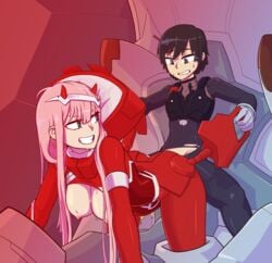 bent_over bodysuit bound_arms bound_legs bound_wrists breasts breasts_out cockpit darling_in_the_franxx doggy_style female gun hanging_breasts happy_sex highres hiro_(darling_in_the_franxx) horns machine male mecha nipples pilot_suit pink_hair red_bodysuit restrained sex smile stomach_bulge straddling straight sweatdrop thetenk torn_bodysuit zero_two_(darling_in_the_franxx)