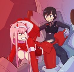 bent_over bodysuit bound_arms bound_legs bound_wrists breasts breasts_out cockpit darling_in_the_franxx doggy_style female hanging_breasts happy_sex highres hiro_(darling_in_the_franxx) horns machine male mecha nipples pilot_suit pink_hair red_bodysuit restrained sex smile standing straddling straight sweatdrop thetenk torn_bodysuit zero_two_(darling_in_the_franxx)