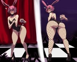 alexis_vilrus ass ass_focus bunny_boy bunny_ears bunny_tail bunnysuit checkered_floor crossdressing crowd crowd_watching cute_male embarrassed femboy fishnets girly heels hemaxyz neko_alchemy pale_skin pink_hair solo solo_focus solo_male stage tail_grab trap