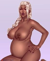 1girl belly big_breasts breasts dark-skinned_female dark_skin female lip_piercing navel_piercing nipple_piercing othalam othalama outie_navel pregnancy pregnant pregnant_belly pregnant_female rhiannon_(rixx0s) solo strapon tagme
