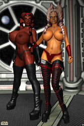 2girls 3d ahsoka_tano alien alien_girl bald big_breasts black_footwear black_legwear black_stockings blue_eyes boots bracer busty cleavage clone_wars corset curvy darth_talon detailed_background english_text erect_nipple erect_nipples eyelashes female female_only footwear front_view half-dressed half_dressed headgear high_heels hourglass_figure humanoid indoors inside legwear mammal marking multiple_females multiple_girls no_bra orange_skin platform_boots pose posing red_skin sith sith_lady standing star_wars star_wars:_legacy star_wars_rebels stockings text thong togruta topless twi'lek voluptuous wide_hips xskullheadx yellow_eyes